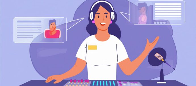 Piirroskuva radiotoimittajasta, jolla kuulokkeet päässä ja edessä äänipöytä.