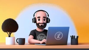 Tietokonepiirros kaljupäisestä hahmosta, joka istuu tietokoneen edessä kuulokkeet päässä.