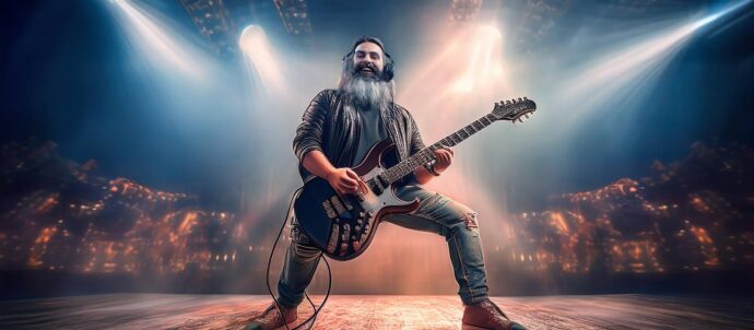 Henkilö soittaa sähkökitaraa kohdevalojen alla, kuva luotu tekoälyllä.