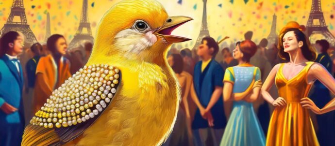 Tekoälyllä luotu kuvituskuva keltaisesta, koristellusta linnusta laulamassa Eiffel-torneja täynnä olevassa Pariisin katukuvassa.