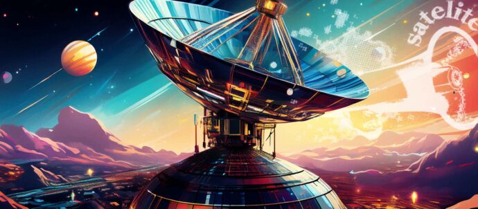 Tekoälyllä luotu elokuvajulistetyylinen piirroskuva, jossa vieraalla planeetalla oleva jättimäinen radioantenni osoittaa kohti värikästä taivasta.