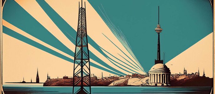 Turkoosisävytteinen piirroskuvam jossa muutama radiomasta kuvan etu- ja taka-alalla, sekä merta ja kaupunkisiluettia.