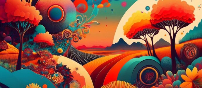 Tekoälyllä luotu tummakontrastinen ja värikäs satumainen piirroskuva, jossa paljon kukkia ja puita kirjavassa maisemassa.