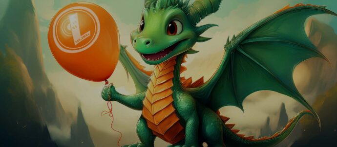 Tekoälyllä luotu kuvituskuva vihreästä pentulohikäärmeestä jolla kädessään oranssi ilmapallo, taustalla sumeana jylhät vuoret.