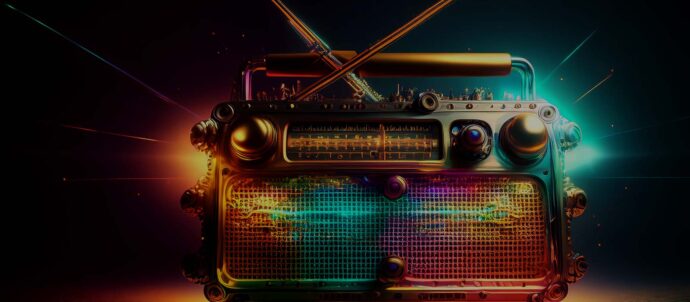 Tekoälyllä luotu kuva kuvitteellisesta, futuristisesta radiosta, tumma tausta ja radioon kohdistuu kirkkaita monivärisiä valoja.