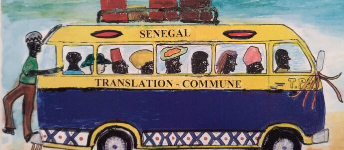 Piirroskuva sinikeltaisesta bussista.